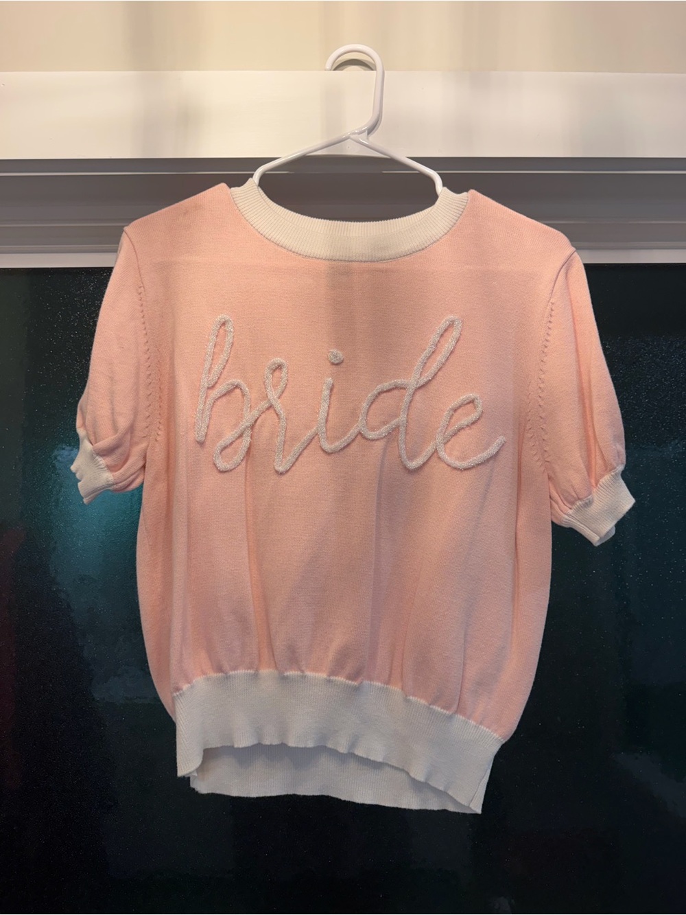 QUEEN OF SPARKLES Pink 'Bride' Short-Sleeve Knit Top with White Trim